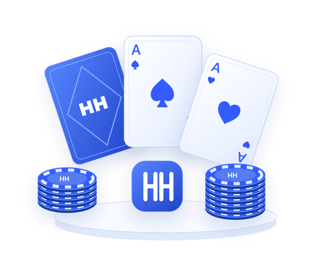 黑桃A、红桃A和蓝色牌背呈扇形排列,hhpoker双H标志位于筹码之间